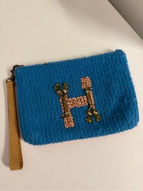 Miss Albright Blue Wool Zip Pouch with Tan Label